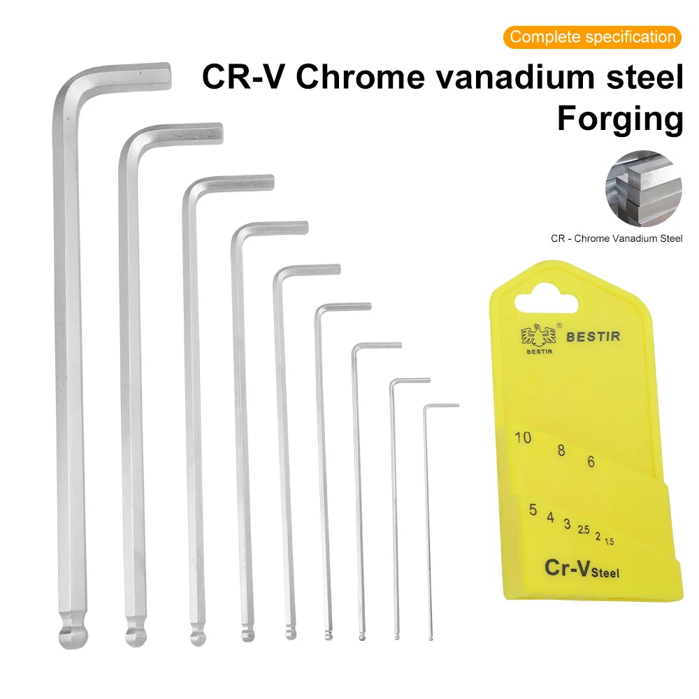 BESTIR 9pcs 1.5-10mm Metric Hex Allen Key Set Chrome Vanadium Hexagon Wrench Set Ball Head Double-End L Key Wrench Hand Tools
