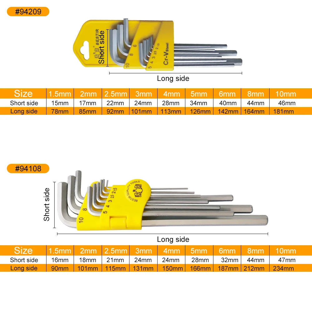 BESTIR 9pcs 1.5-10mm Metric Hex Allen Key Set Chrome Vanadium Hexagon Wrench Set Ball Head Double-End L Key Wrench Hand Tools