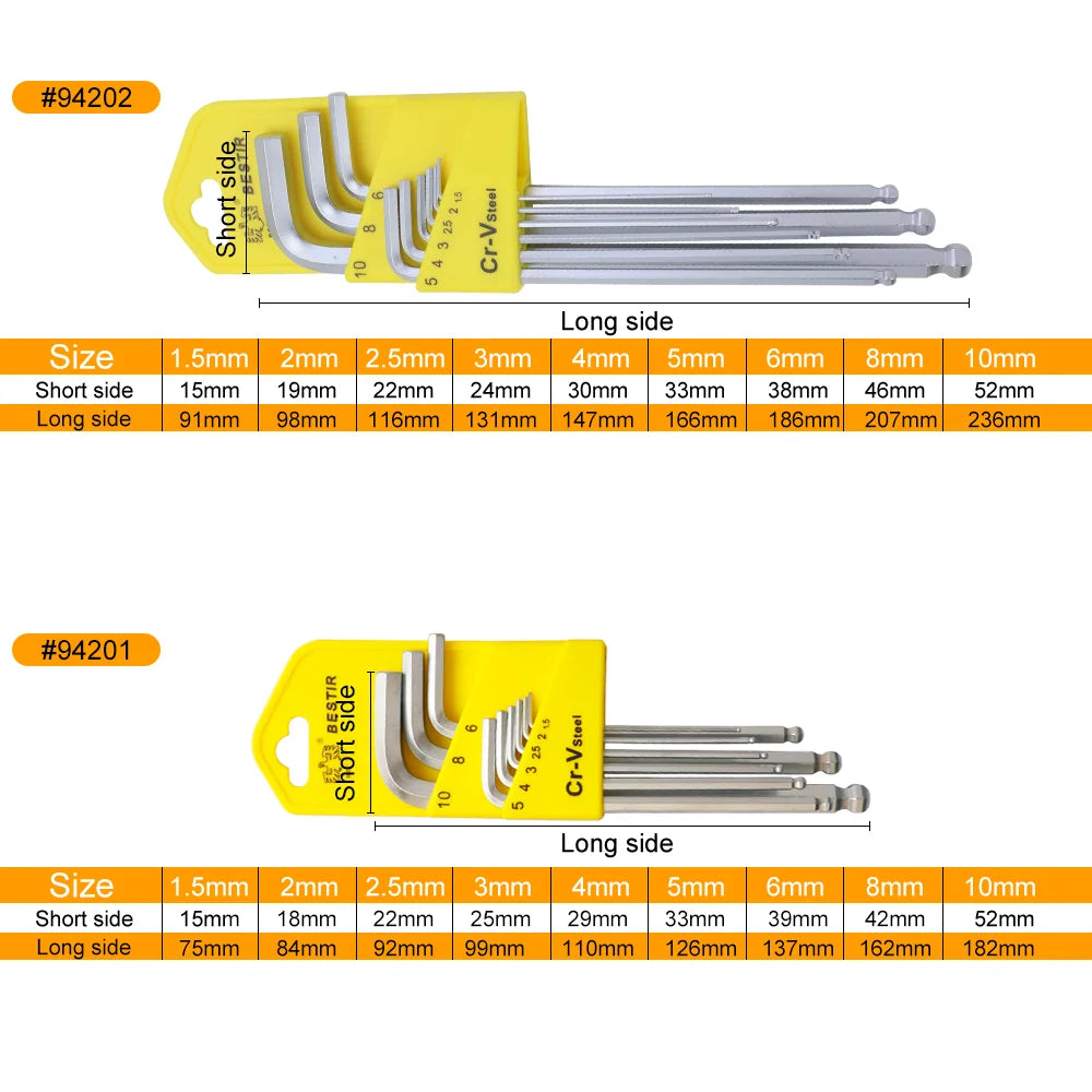 BESTIR 9pcs 1.5-10mm Metric Hex Allen Key Set Chrome Vanadium Hexagon Wrench Set Ball Head Double-End L Key Wrench Hand Tools